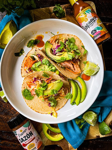 Salmon Tacos with Spicy Sweet Passion Fruit Slaw
